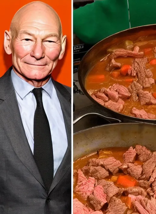 Prompt: patrick stewart covered in beef stew