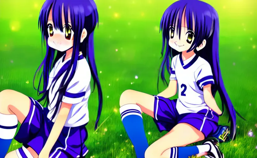 Prompt: A cute young anime girl with long blueish indigo hair, wearing a white soccer uniform with shorts, soccer ball against her foot, sitting on one knee in a large grassy green field, shining golden hour, she has detailed black and purple anime eyes, extremely detailed cute anime girl face, she is happy, child like, kid, black anime pupils in her eyes, Haruhi Suzumiya, Umineko, Lucky Star, K-On, Kyoto Animation, she is smiling and happy, tons of details, sitting on one knee on the grass, chibi style, extremely cute, she is smiling and excited, her tiny hands are on her thighs, she has a cute expressive face