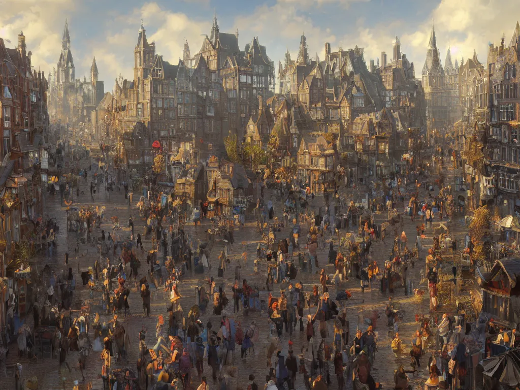 Prompt: a lively magical town during a festival, inspired by victorian england and amsterdam, sunny weather, highly detailed, intricate, digital painting, trending on artstation, concept art, matte painting, art by greg rutkwowski, craig mullins, octane render, 8 k, unreal engine