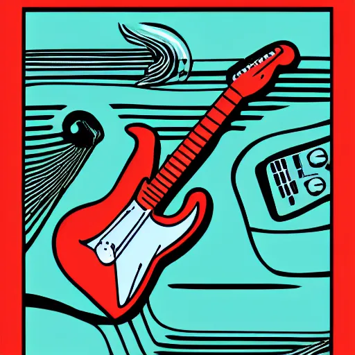 Prompt: illustration in the style of the jetsons of a mermaid playing an stratocaster electric guitar, 3 colour screen print