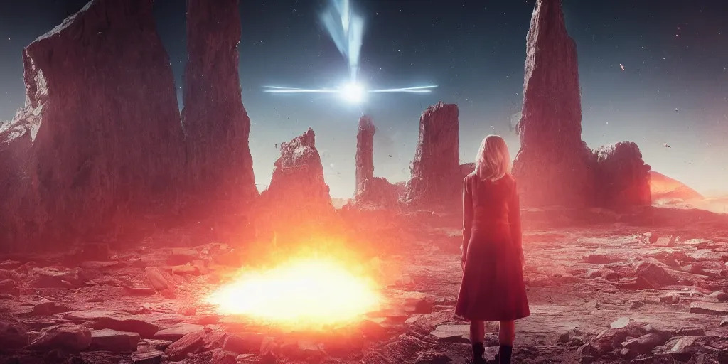 Image similar to a blonde girl standing front of a huge towering and broken stone tablet with red light + alien pattern + an abandoned spaceship, stands in the center of a prosperous city at the end of the world, and the power and energy is explode, secret, mysterious, doomsday, landscape, 2 4 mm lens, video game control, quantum break, arknights,