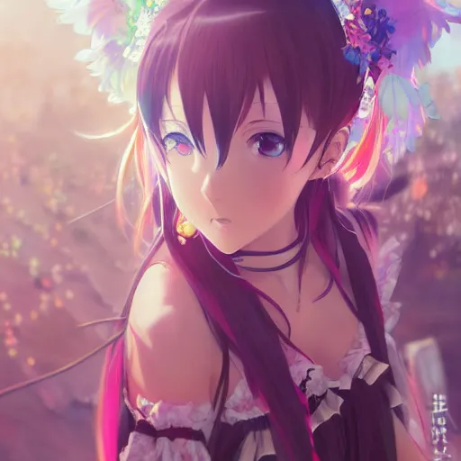 Image similar to anime portrait of a music festival as an anime girl by Stanley Artgerm Lau, WLOP, Rossdraws, James Jean, Andrei Riabovitchev, Marc Simonetti, and Sakimichan, trending on artstation