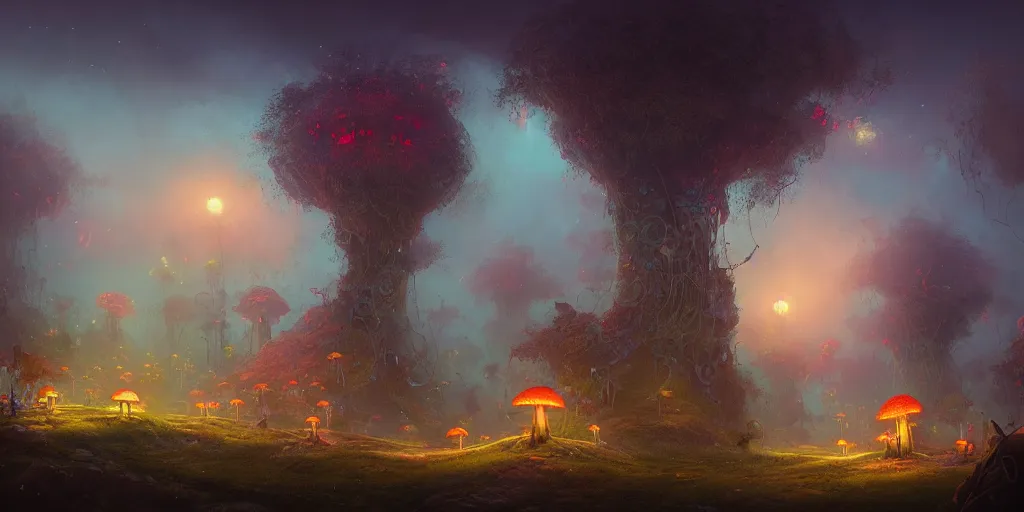 Prompt: bioluminescent mushroom village by tom bagshaw, rococo, intricate, detailed, photorealistic imagery, artstation render inspired by alena aenami 8 k