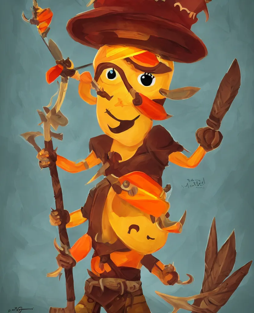 Image similar to a cartoon candy corn character holding a spear and wearing a hat, a character portrait by muggur, trending on deviantart, pop surrealism, 2 d game art, apocalypse art, by by joao artur da silva, tumblr contest winner, shock art