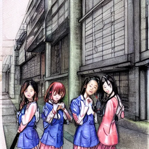 Image similar to a perfect, realistic professional digital sketch of close-up Japanese schoolgirls posing in a sci-fi alleyway, style of Marvel, full length, by pen and watercolor, by a professional American senior artist on ArtStation, a high-quality hollywood-style sketch, on high-quality paper