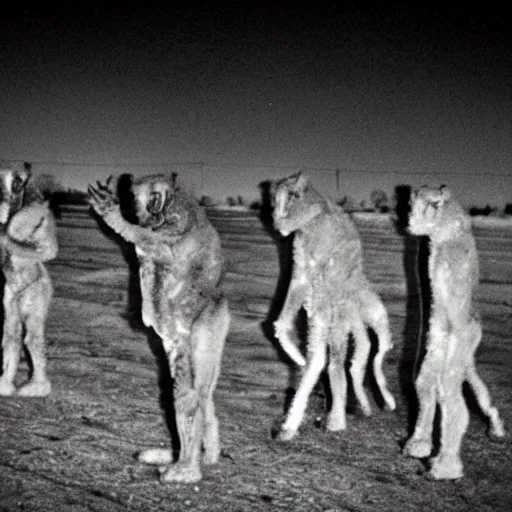 Prompt: the mutant human - animal hybrid creatures that were created at dugway underground military base in utah, at night, real night vision infrared footage, creepy as heck, cursed footage, full body view, creepy security camera footage, in the desert at night
