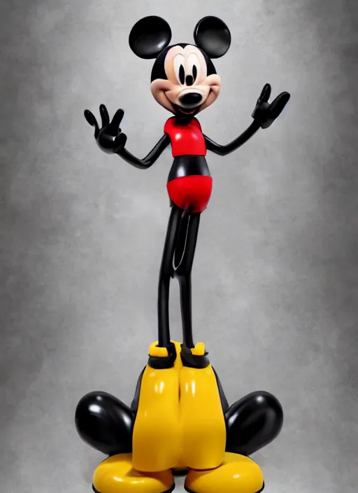 Image similar to stylized shiny latex rubber leather statue full body cosmic eldritch horror made of marble of disney character mickey mouse, perfect symmetrical body, perfect symmetrical face, hyper realistic, hyper detailed, by johannen voss, by michelangelo, octane render, blender, 8 k, displayed in pure white studio room