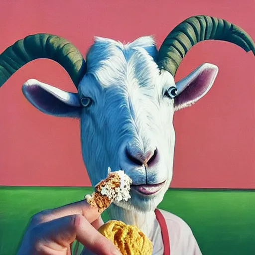 Prompt: “ goatman eating ice cream, summertime, hyperrealistic ”