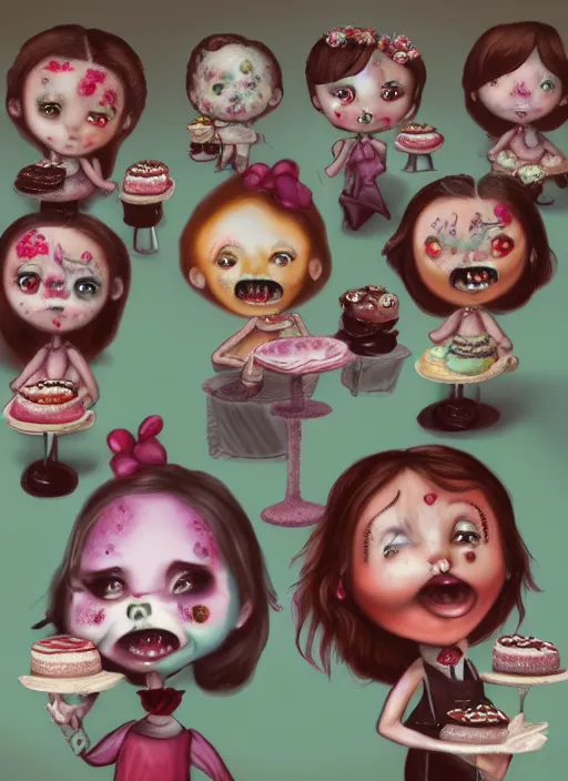 Image similar to fnafs eating cakes painted by mark ryden, detailed digital art, trending on Artstation