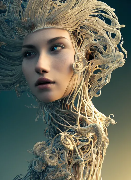 Image similar to beauteous sumptuous biomechanical incredible hair, crystalline masterpiece incrustations, hyperdetailed face, elegant pose, movie still, intricate, octane render, cinematic forest lighting, cgsociety, unreal engine, crepuscular rays, god rays