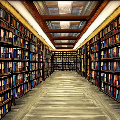 Prompt: library with all shelves filled with books and cloudy floor, mystic digital art