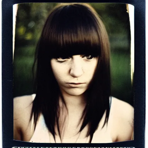 Prompt: polaroid photograph of emo girl, long hair and bangs