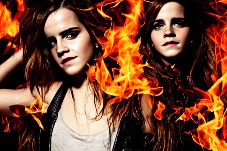 Image similar to emma watson as a heavy metal singer, stage lights, smoke, flames, medium shot