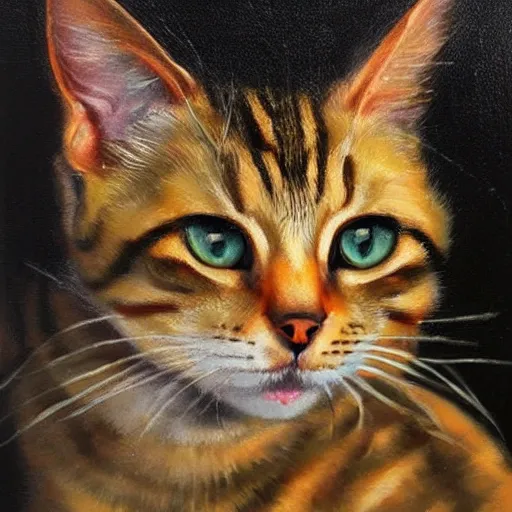 Prompt: tabby cat in front of a dark background, oil paining, highly realistic, romantic style