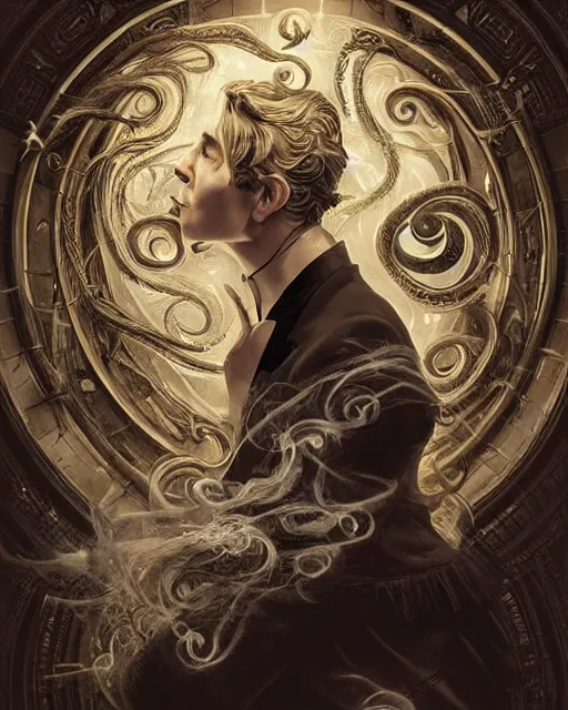 Image similar to a highly detailed portrait of devious male magician radiating a powerful energy aura, ornate back tuxedo, wispy tendrils of smoke, swirling vortex of energy, performance art, intricate, digital painting, old english, raining, sepia, particles floating, whimsical background by marc simonetti, digital art by artgerm and greg rutkowski and alphonse mucha