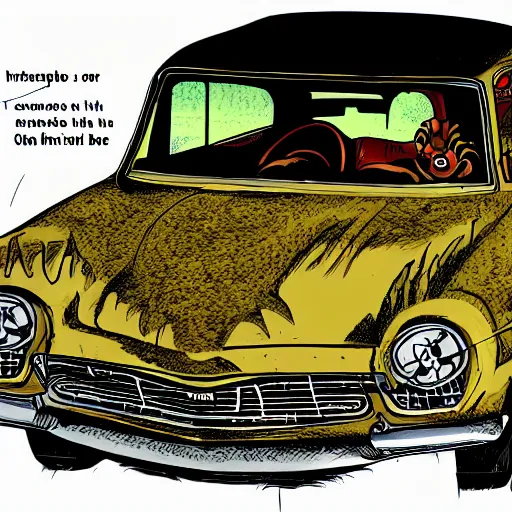 Prompt: illustration of the deathclaw monster inside the car