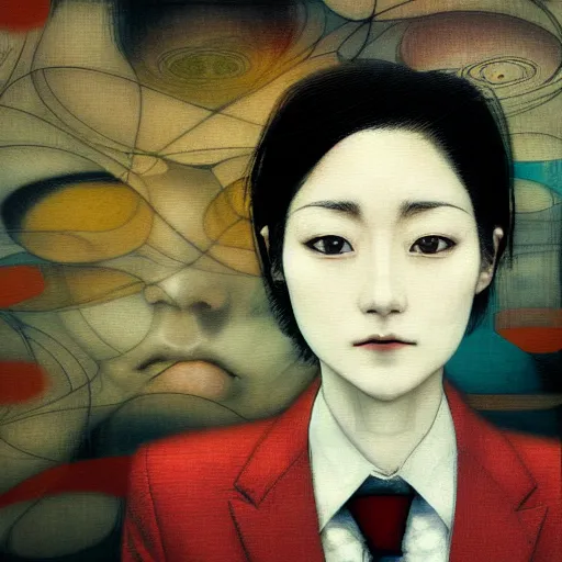 Image similar to yoshitaka amano blurred and dreamy realistic three quarter angle portrait of a young woman with short hair and black eyes wearing office suit with tie, junji ito abstract patterns in the background, satoshi kon anime, noisy film grain effect, highly detailed, renaissance oil painting, weird portrait angle, blurred lost edges