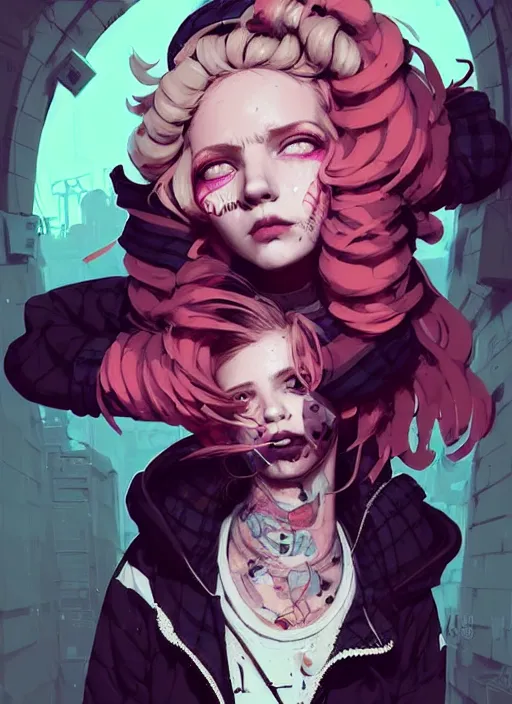 Image similar to highly detailed portrait of a sewer punk lady, tartan hoody, blonde ringlet hair by atey ghailan, by greg rutkowski, by greg tocchini, by james gilleard, by joe fenton, by kaethe butcher, gradient magenta, black, blonde cream and white color scheme, grunge aesthetic!!! ( ( graffiti tag wall background ) )