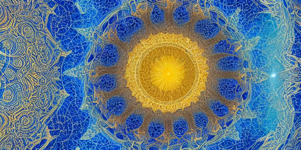 Image similar to golden fractal mandala encased in fractured ice, studio lighting, area light from above, colored silk sheets flowing in wind, smoke and dust