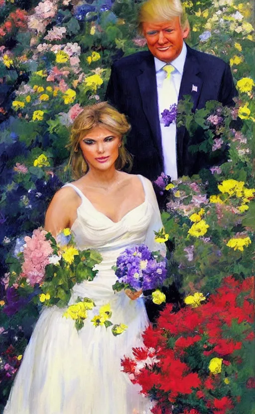 Image similar to romantic portrait of donald trump in an elegant dress surrounded by beautiful flowers, by gregory manchess, james gurney, james jean