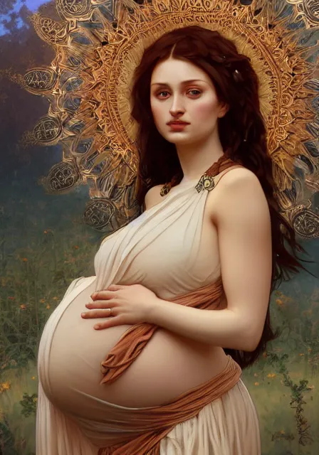 Image similar to sansa pregnant mummy, intricate, elegant, highly detailed, digital painting, artstation, concept art, smooth, sharp focus, illustration, art by artgerm and greg rutkowski and alphonse mucha and william - adolphe bouguereau