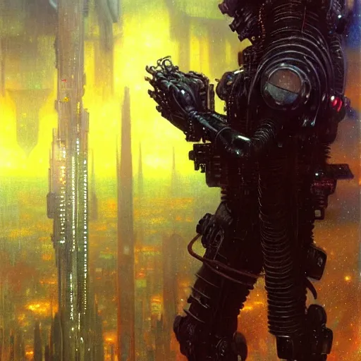 Prompt: portrait black german shepard dogman humanoid bipedal canine neuromancer. spaceship futuristic city. shadowrun cyberpunk fantasy d & d painting by gaston bussiere craig mullins jc leyendecker gustav klimt artgerm greg rutkowski john berkey, bergey, craig mullins, ruan jia, raymond swanland, tom lovell