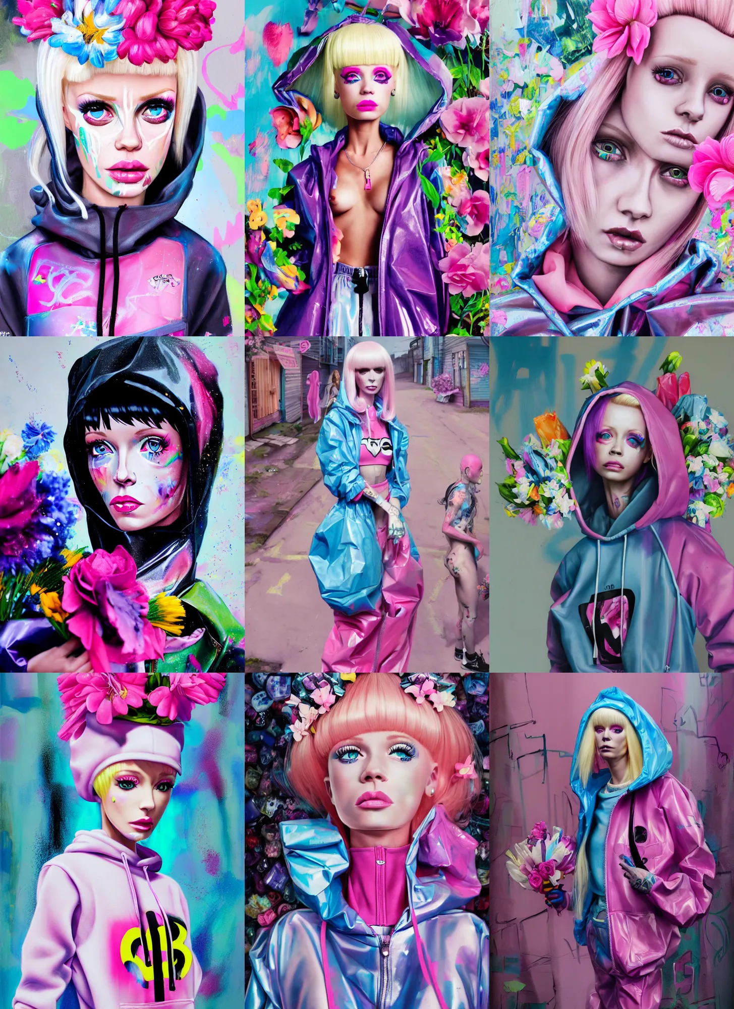 Prompt: still from music video of barbie from die antwoord standing in a township street, wearing a trashbag hoodie garbage bag and flowers, street fashion, full figure portrait painting by martine johanna, ilya kuvshinov, rossdraws, pastel color palette, shiny plastic, spraypainted tattoos, detailed impasto brushwork, impressionistic