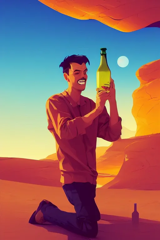 Prompt: funny drinker with bottle in his hand in the desert, smooth face, centered median photoshop filter cutout vector behance hd by artgerm, jesper ejsing, by rhads, makoto shinkai and lois van baarle, ilya kuvshinov, rossdraws, illustration, art by ilya kuvshinov and gustav klimt