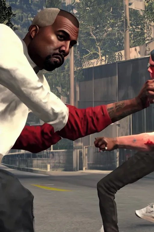 Image similar to kanye west having a fistfight with lester crest from gta v, lester crest, lester from gta v, gta lester, gameplay, grand theft auto v, strong dramatic cinematic lighting, blood red sky, smooth, sharp focus, extremely detailed