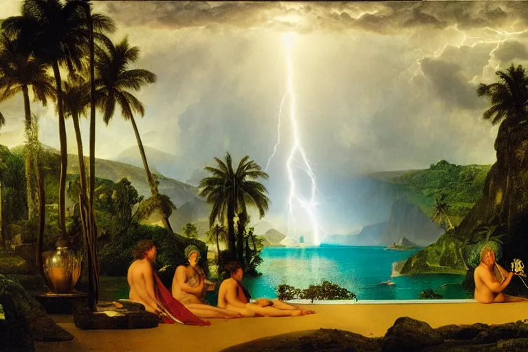 Prompt: The chalice of the occult, refracted sparkles, thunderstorm, greek pool, beach and Tropical vegetation on the background major arcana sky and occult symbols, by paul delaroche, hyperrealistic 4k uhd, award-winning, very detailed paradise