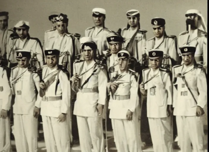 Prompt: saudi military band in 1950s, old photograph