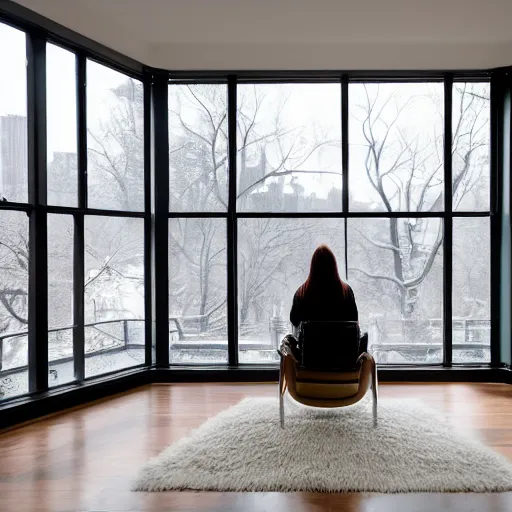 Prompt: modern loft overlooking central park in winter, snowing, fireplace roaring, woman sitting in modern leather chair looking out the window, warm lighting, blizzard outside, nyc