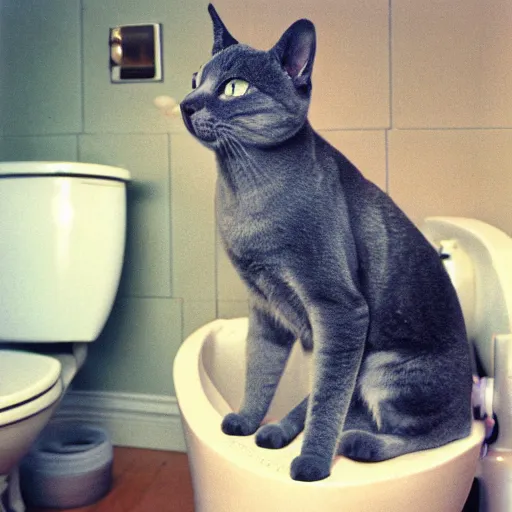 Image similar to Portra 400 a russian blue cat sitting on top of a german sheppherd in a space toilet