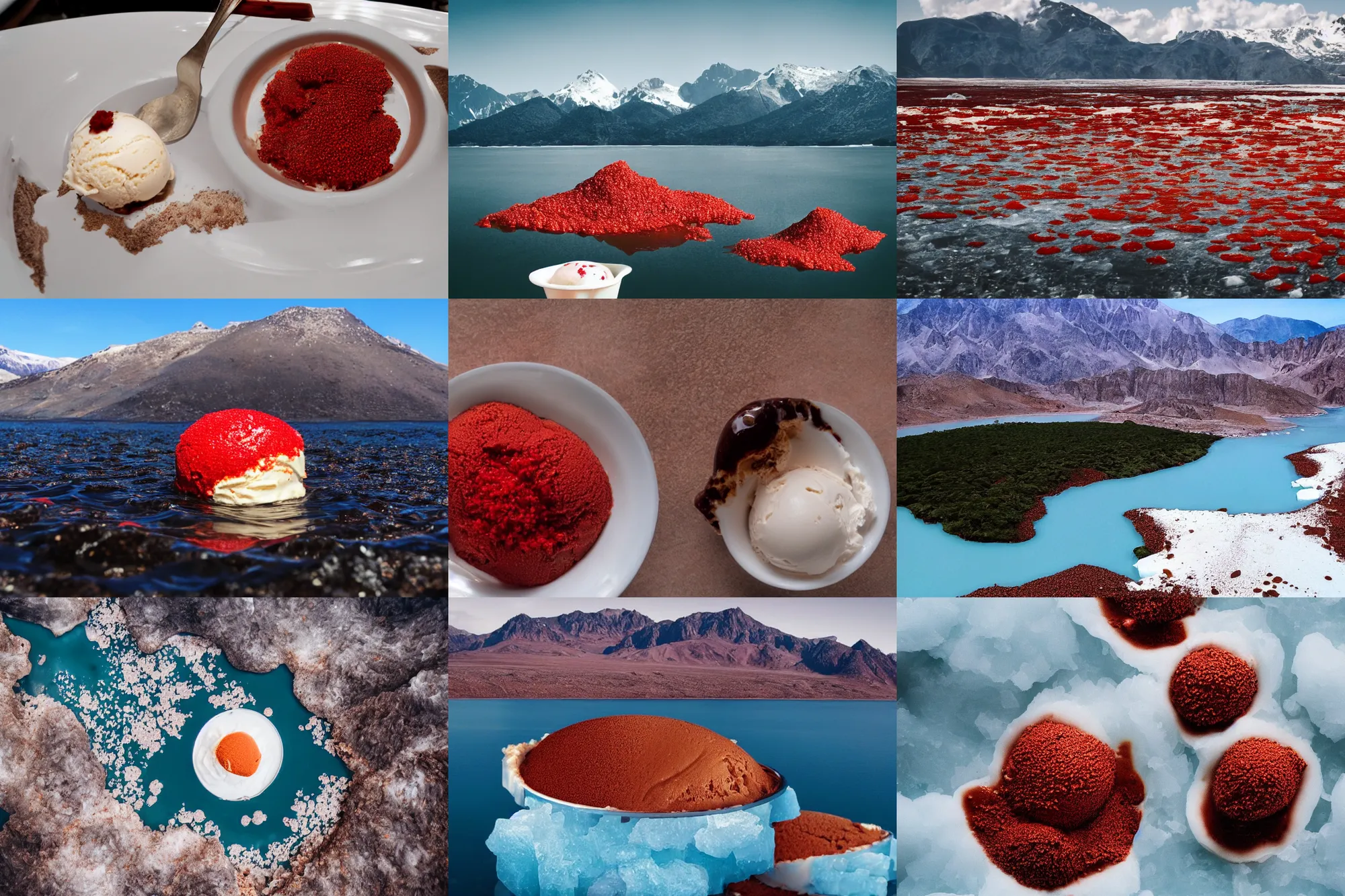 Prompt: a large island of red caviar and ice cream and brown water in the center of which there are mountains with ice cream