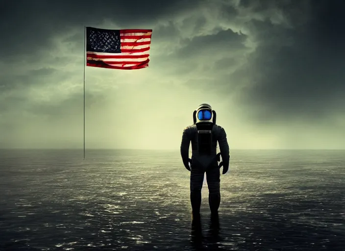 Image similar to astronaut holding a flag in an underwater desert. a submarine is visible in the distance. dark, concept art, cinematic, dramatic, atmospheric, 8 k, trending on artstation, blue, fish, low visibility, fog, ocean floor, christopher nolan, interstellar