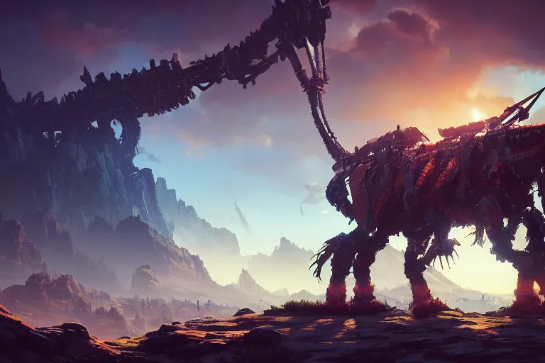 Image similar to grimhorn fanghorn machine mecanical creature robot of horizon forbidden west horizon zero dawn bioluminiscence global illumination ray tracing hdr fanart arstation by ian pesty and alena aenami artworks in 4 k