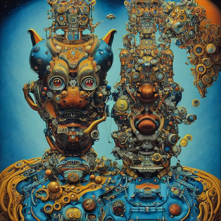 Prompt: joyous hybrid fox and robot face, reaching nirvana, goofy, silly, dmt, large metal mustache, muted colors, benevolent, nebula background, glowing eyes, detailed realistic surreal retro robot in full regal attire. face portrait. art nouveau, visionary, baroque, giant fractal details. vertical symmetry by zdzisław beksinski, highly detailed, realistic