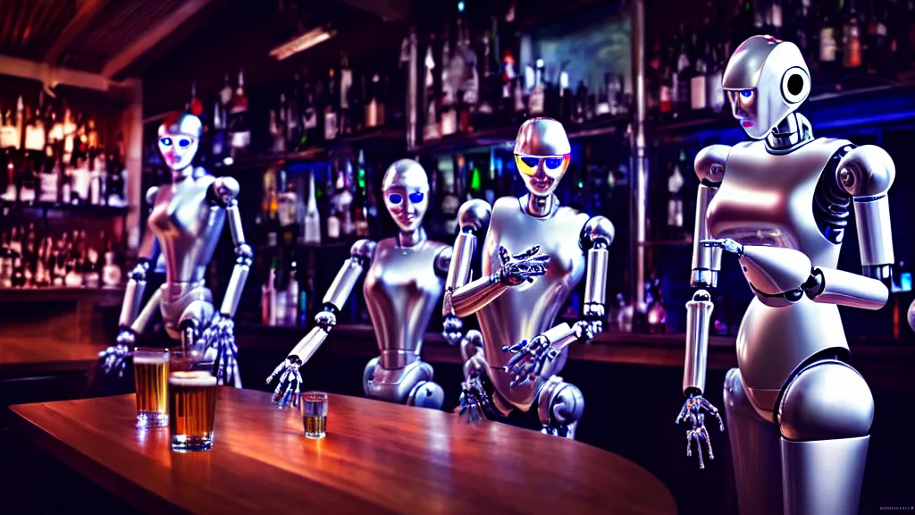 Prompt: robots drinking alcohol, inside a bar, chrome reflection, hyper-realistic, extreme detail, sharp photo, beautiful, cinematic 4K, by Sorayama