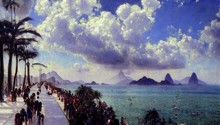 Image similar to a ultradetailed beautiful painting of the thundertorm sky of rio de janeiro palace balustrade designed by jules bastien - lepage, derek zabrocki, greg rutkowski, belsinski, beach, trending on artstation, mediterranean, palm trees, sharp focus, colorful refracted sparkles and lines, soft light, 8 k 4 k