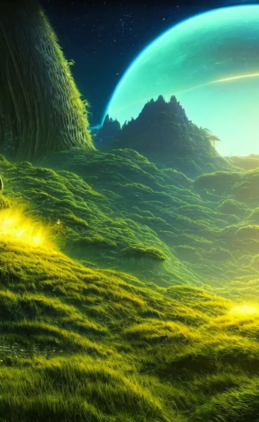 Image similar to an amazing alien landscape with lush vegetation and colourful galaxy foreground, digital art, breathtaking, golden ratio, extremely detailed, hyper - detailed, establishing shot, hyperrealistic, cinematic lighting, particles, unreal engine, rendered by makoto shinkai, syd meade, kentaro miura, jean giraud, environment concept, artstation, octane render, 8 k uhd image