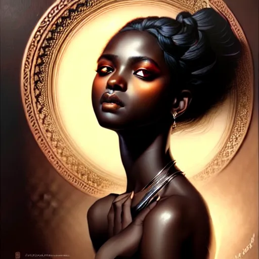 Prompt: Hyperrealistic beautiful sexy ethereal national geographic dark skinned girl portrait, art nouveau, fantasy, intricate flower designs, elegant, highly detailed, sharp focus, art by Artgerm and Greg Rutkowski and WLOP