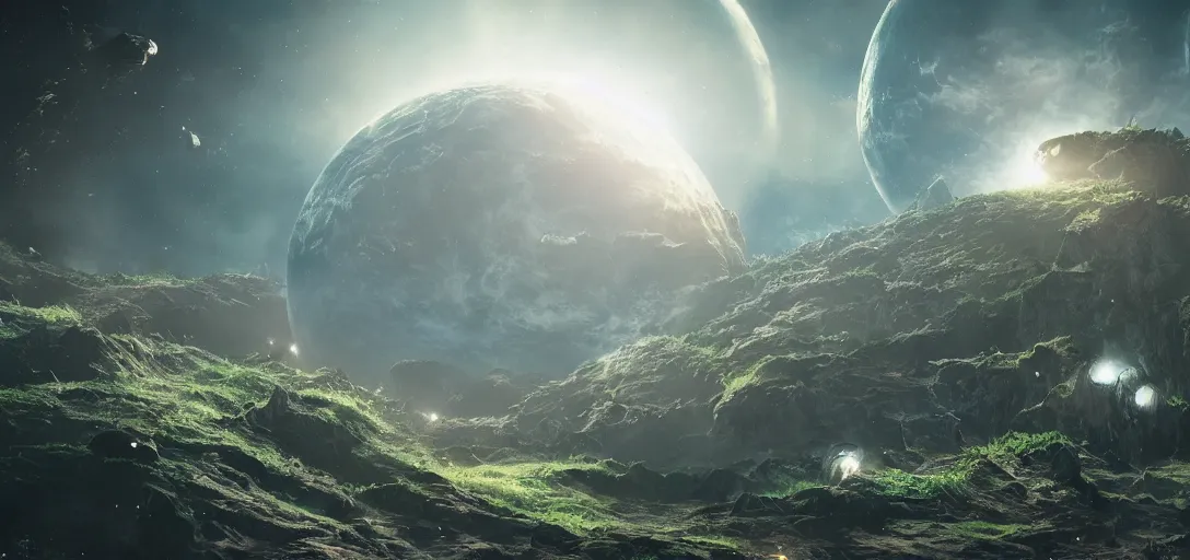 Image similar to fantasy planet in space, highly detailed, realistic, unreal engine, rendered in octane, comic book art, volumetric lighting, cinematic composition, concept art