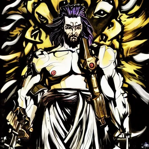 Prompt: portrait jesus in a jojo pose about to fight the final boss, illustration by yoji shinkawa