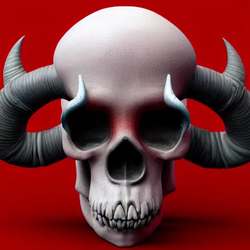 Image similar to hyper realistic skull with bull horns coming out of eye sockets, red, artstation, 8 k render, octane, fueled by caffeine : : tim burton