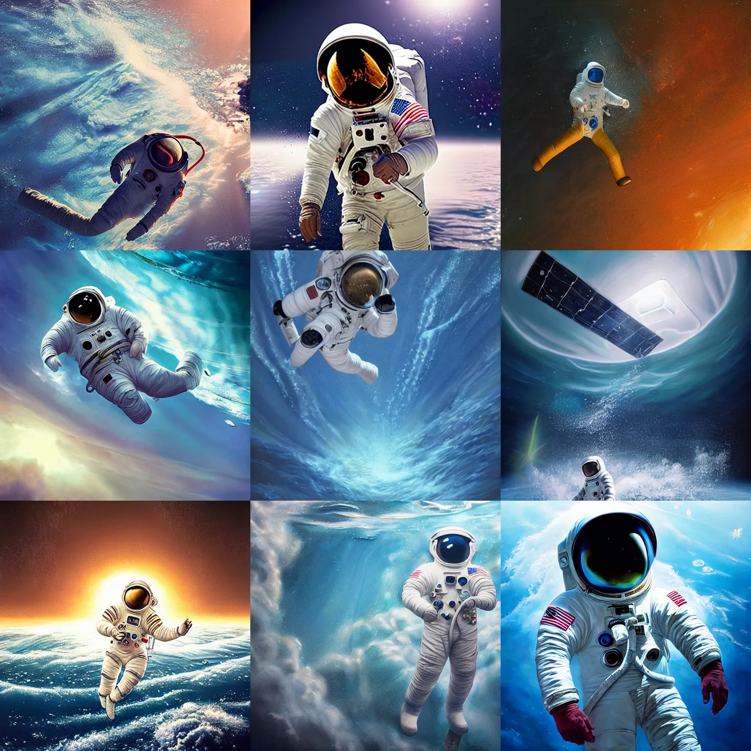 Prompt: photorealistic art of an astronaut lost in the ocean, dynamic lighting, space atmosphere, hyperrealism, stunning visuals