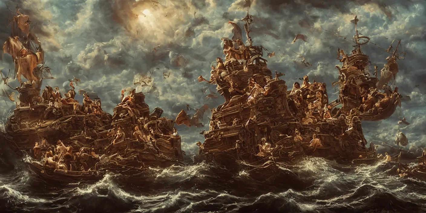 Image similar to “a group of ornate sirens singing pirates to shipwreck, cinematic lighting, detailed oil painting, hyperrealistic, 8k”