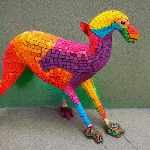 Image similar to extremely colorful, concrete mosaic sculpture of an alebrije griffin, art by wouterina de raad and james tellen and sherri warner hunter