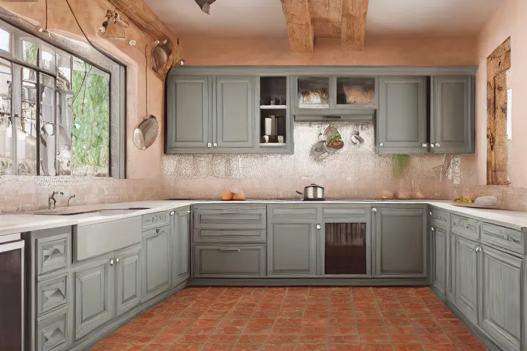 Image similar to Photography of Provence style kitchen with cat in the center, photorealism