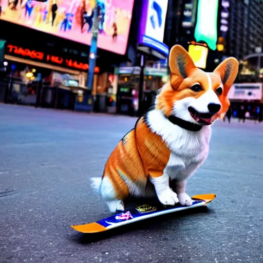 Image similar to a corgi riding a skate on times square