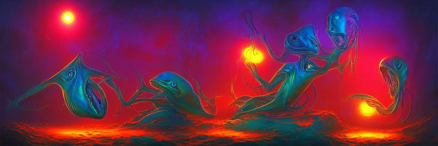 Image similar to strange alien fish creatures from the depths of the collective unconscious, dramatic lighting, surreal darkly colorful painting by ronny khalil